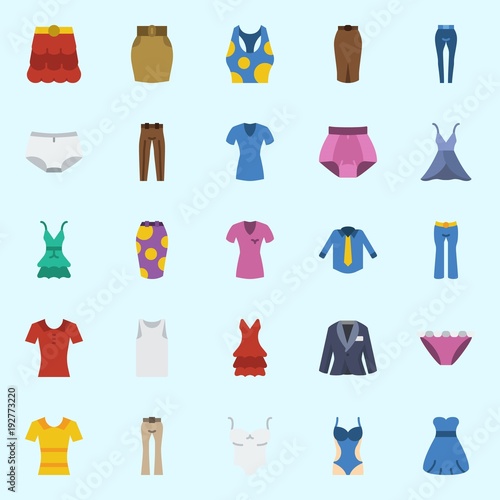 Icons about Women Clothes with swimsuit, panties, dress, pants, sleeveless and shirt