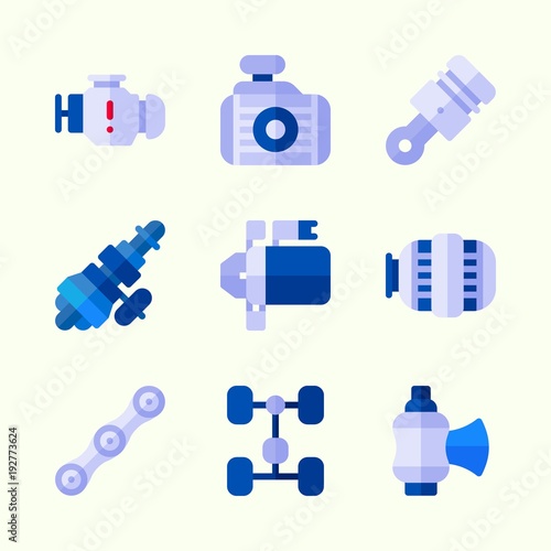 Icons about Car Engine with starter, motor, radiator, chassis, engine and valve