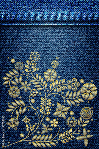 Gold flower embroidery design. Embroidery ethnic floral jeans line or short floral blooming for fashion wearing. Flowers on blue denim texture background. Jeans pattern. Dark blue jeans cloth. Vector.