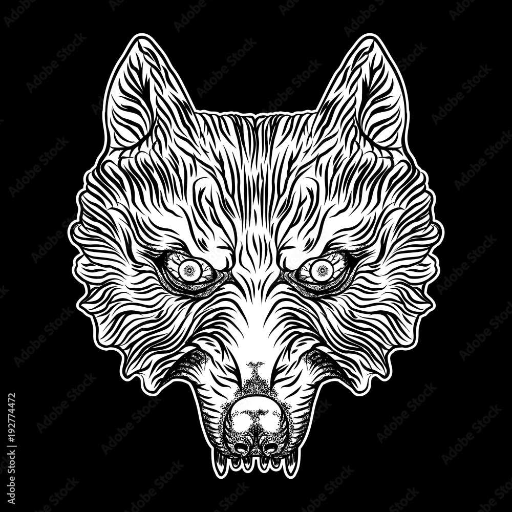 Fototapeta premium Head of the wolf in blackwork adult tattoo flash line style and poster, print, t-shirt concept design. Vector.