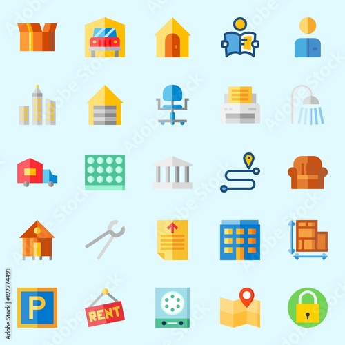 Icons about Real Assets with lab, skyline, map, packaging, padlock and location