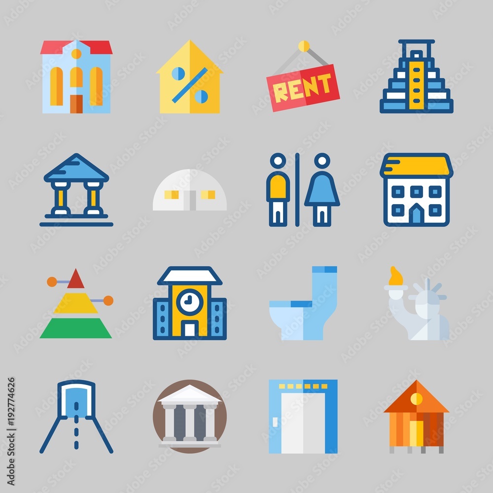 Icons about Construction with statue of liberty, school, elevator, wc, toilet and percentage Icons about Construction with statue of liberty, school, elevator, wc, toilet and percentage