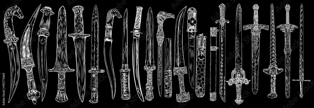 Set of Medieval cold weapon. Warrior weapons collection , old medieval swords and knifes. Hand drawn antique engraving weapons illustration. Vector. Set of Medieval cold weapon. Warrior weapons collection , old medieval swords and knifes. Hand drawn antique engraving weapons illustration. Vector.