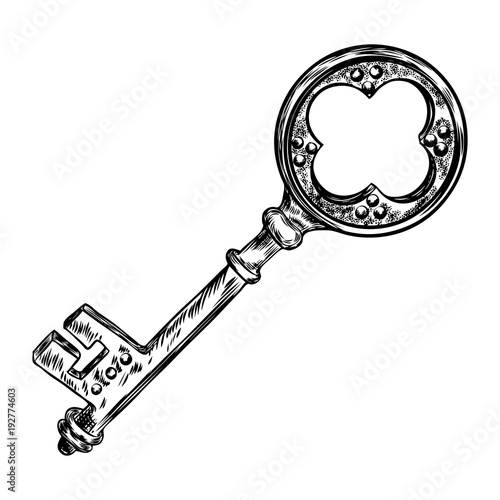 Retro key, vintage style. Key illustration for antiques decoration.  Ornamental medieval hand drawn old realistic design Vector.