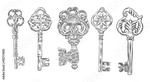 Set of hand drawn antique keys. Sketch style of vintage key on white background. Old design illustration. Vector.