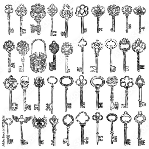 Ornamental medieval vintage keys set with intricate design, Victorian leaf scrolls and hand drawn heart shaped swirls,  composed of flower-de-luce shapes.  Vector.