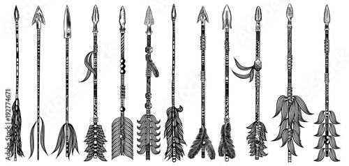 Rustic arrow set. Ethnic tribal theme set of Indian American arrows. Collection of hand drawn Boho chic fashion design elements for flesh body art tattoo. Vector.