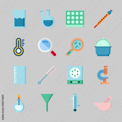 Icons about Laboratory with crucible, condenser, loupe, measuring, flask and funnel