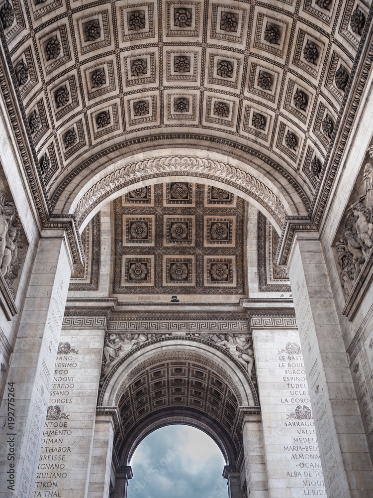 Detail of the Arc de Triomphe in Paris. View of the decorated ceiling.