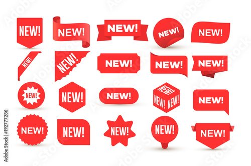 Set of new sticker. Badges with word new. Red promotion labels for arrivals shop section. Flat style cartoon. Vector illustration. Isolated on white background photo