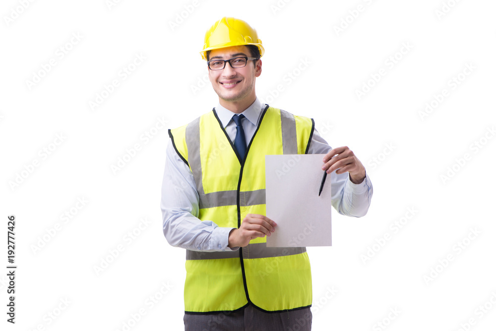 Construction supervisor with blank sheet isolated on white backg Construction supervisor with blank sheet isolated on white backg