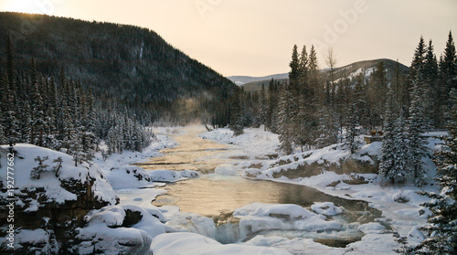 A freezing river in the Canadian Rockies, Alberta, Canada