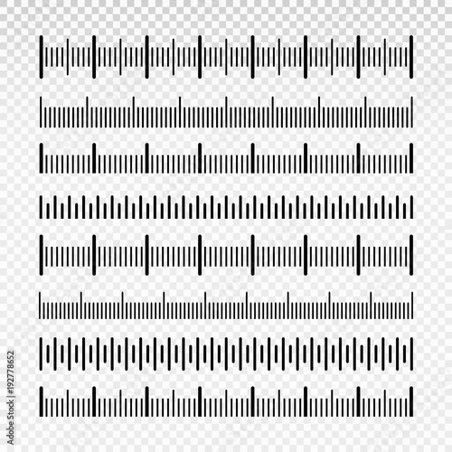 Set of creative size indicators. Different unit distances. Art design horizontal measure scale distances. Abstract concept graphic element. Vector illustration. Isolated on transparent background