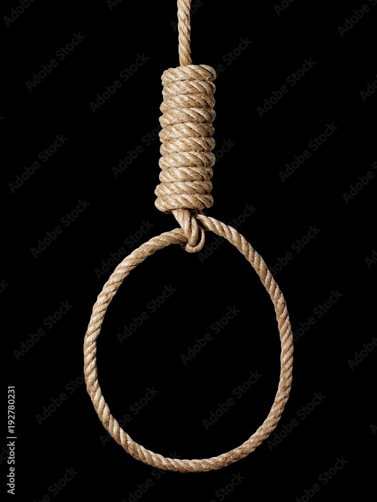 Rope noose with hangman's knot hanging in front of black background Stock  Photo