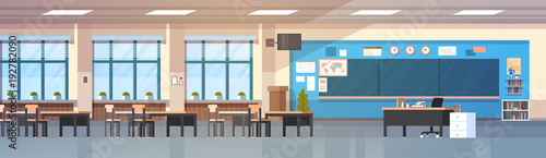 Classroom Interior Empty School Class With Board And Desks Horizontal Banner Flat Vector Illustration