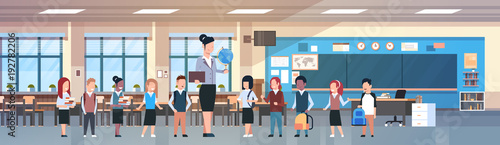 Teacher Woman With Group Of Mix Race Students In Classroom, Diverse Pupils In Modern Class Room In School Flat Vector Illustration