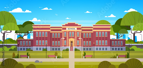 School Building And Empty Front Yard With Green Grass And Trees Landscape Flat Vector Illustration
