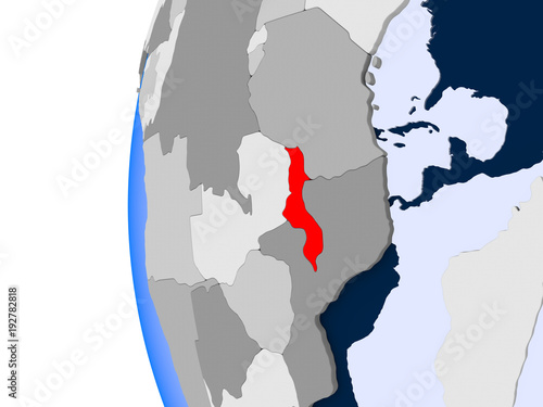 Map of Malawi on political globe