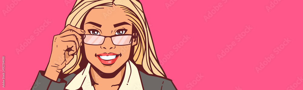 Portrait Of Attractive Business Woman Holding Glasses Over Horizontal Background With Copy Space Vector Illustration