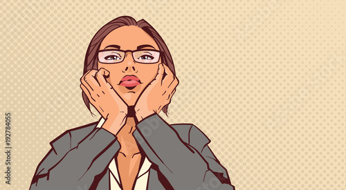 Portrait Of Attractive Business Woman Holding Head On Hands Over Pop Art Pinup Background Retro Style Vector Illustration