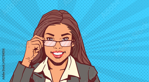 Portrait Of Attractive Business Woman Holding Glasses Over Pop Art Pinup Background Vintage Style Vector Illustration