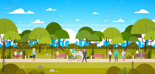 People In Park Relaxing In Urban Nature Over City Skyline Background Walking Riding Bicycle And Communicating Flat Vector Illustration