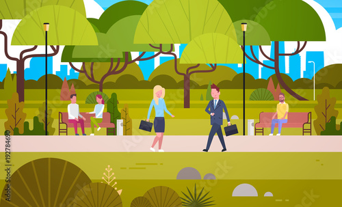 Fototapeta Naklejka Na Ścianę i Meble -  Businesspeople Walking In Urban Park Over People Relaxing In Nature Sitting On Bench And Communicating Flat Vector Illustration
