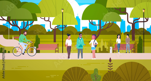 People Relaxing In Nature In Beautiful Urban Park Walking Riding Bicycle And Communicating Flat Vector Illustration