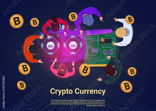 Business People Mining Bitcoins Top Angle View Crypto Currency Concept Flat Vector Illustration