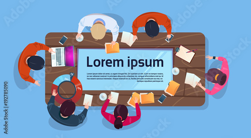 Creative Business People Team Working At Computers Sit At Desk In Modern Office Top Angle View Group Of Businesspeople Brainstorming Flat Vector Illustration