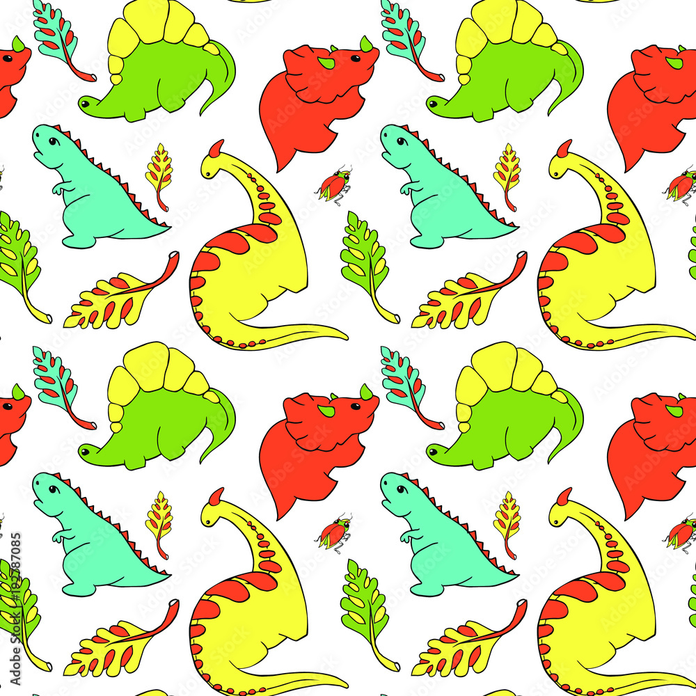 Obraz premium pattern four small dinosaurs stegosaurus, tyrannosaurus, triciraptops, godrosaurus cartoon character. Lovely funny. Palm leaves, beetle Hand drawing vector illustration. Isolated on white background