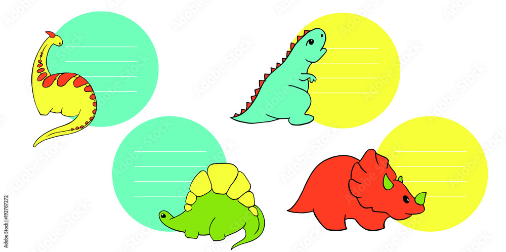 four label labels with small dinosaurs stegosaurus, tyrannosaurus, triceratops, godorascar cartoon character. Lovely funny. Hand drawn vector illustration. Isolated on white background four label labels with small dinosaurs stegosaurus, tyrannosaurus, triceratops, godorascar cartoon character. Lovely funny. Hand drawn vector illustration. Isolated on white background