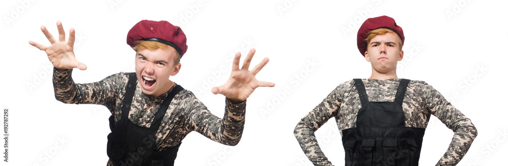 Funny soldier in military concept isolated on the white Funny soldier in military concept isolated on the white