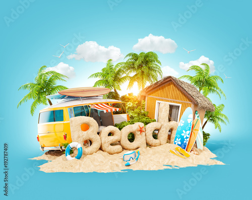 The word Beach made of sand on tropical island. Unusual 3d illustration of su...