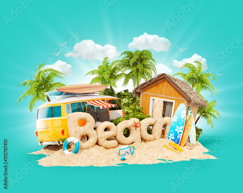The word Beach made of sand on tropical island. Unusual 3d illustration of su...