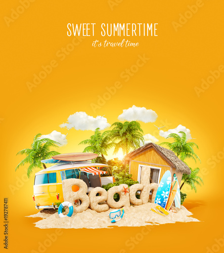 The word Beach made of sand on tropical island. Unusual 3d illustration of su...
