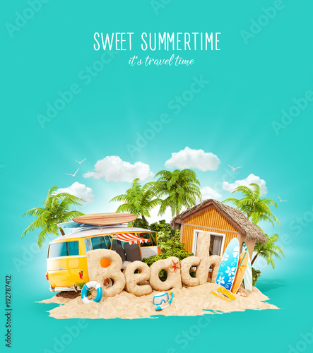 The word Beach made of sand on tropical island. Unusual 3d illustration of su...