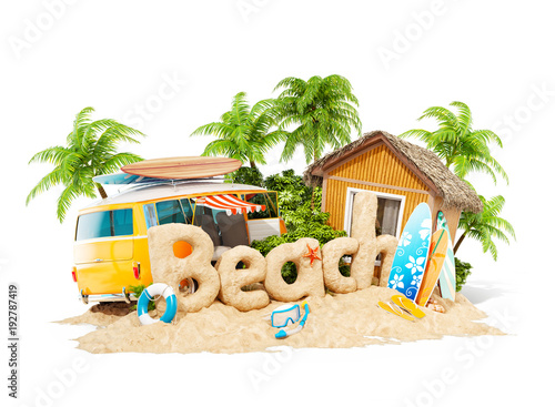 The word Beach made of sand on tropical island. Unusual 3d illustration of su...