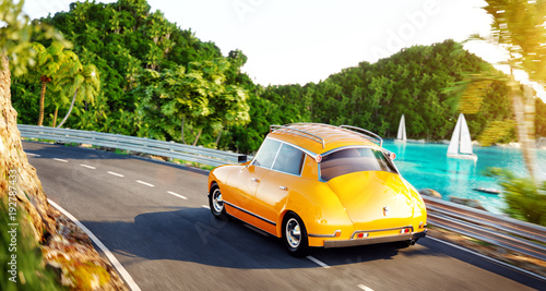 Cute little retro car goes by the road along beautiful harbor between mountai...