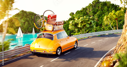 Cute little retro car with suitcases and bicycle on top goes by the road alon...