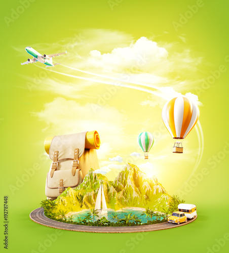 Unusual 3d illustration of a mount with tropical beach and road around.