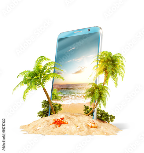 Tropical landscape on the screen of smartphone