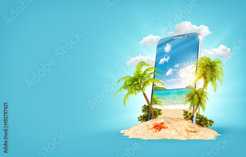 Tropical landscape on the screen of smartphone