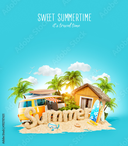 The word Summer made of sand on tropical island. Unusual 3d illustration of s...