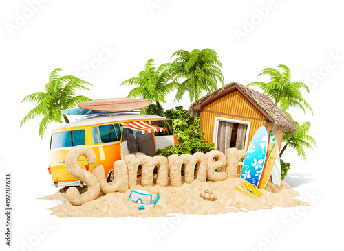 The word Summer made of sand on tropical island. Unusual 3d illustration of s...