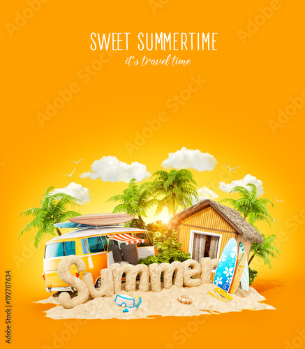 The word Summer made of sand on tropical island. Unusual 3d illustration of s...