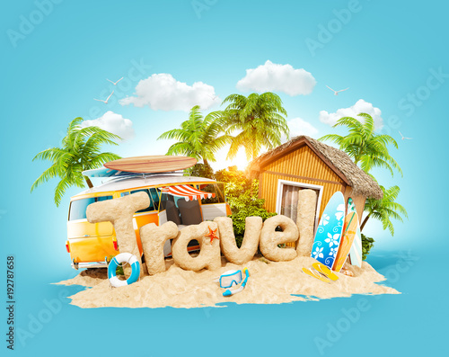 The word Travel made of sand on tropical island. Unusual 3d illustration of s...