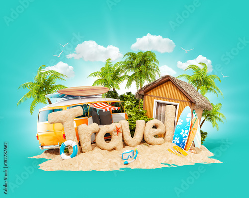 The word Travel made of sand on tropical island. Unusual 3d illustration of s...