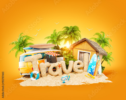The word Travel made of sand on tropical island. Unusual 3d illustration of s...