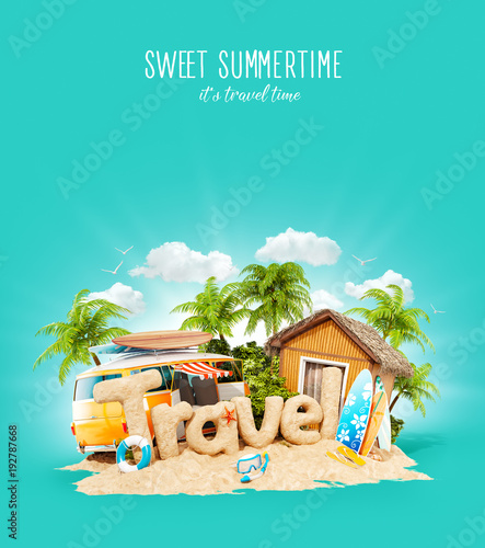 The word Travel made of sand on tropical island. Unusual 3d illustration of s...